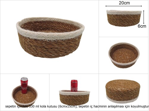 sd19676 hasır+tekstil örgülü no4 dekoratif yuvarlak sepet - 