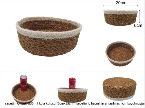 sd19676 hasır+tekstil örgülü no4 dekoratif yuvarlak sepet - 