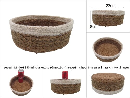 sd19677 hasır+tekstil örgülü no5 dekoratif yuvarlak sepet - 