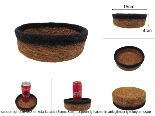 sd19691 hasır+tekstil örgülü no2 dekoratif yuvarlak sepet - 