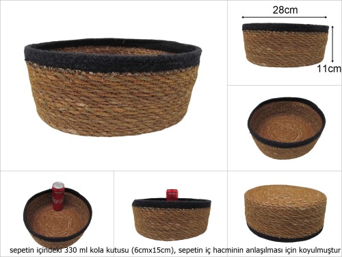 sd19696 hasır+tekstil örgülü no7 dekoratif yuvarlak sepet - 