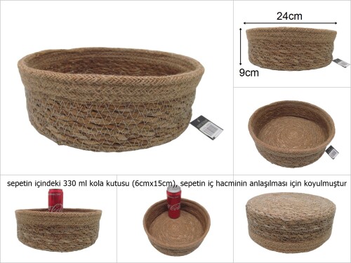 sd26344 hasır+tekstil örgülü no6 dekoratif yuvarlak sepet - 