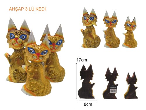 sd29944 dekoratif gold ahşap 3 lü kedi - 
