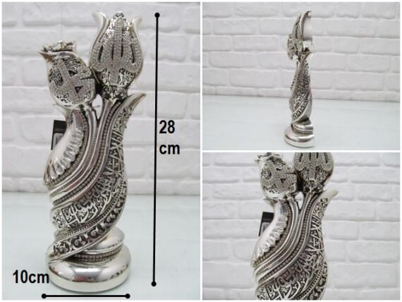 sd36152 gül lale dekorlu kelimei tevhid ve ALLAH MUHAMMED yazılı gümüş boyalı döküm polyester obje - 1