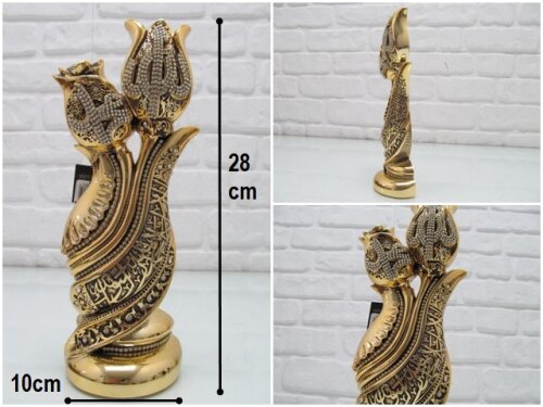sd36153 gül lale dekorlu kelimei tevhid ve ALLAH MUHAMMED yazılı gold boyalı döküm polyester obje - 