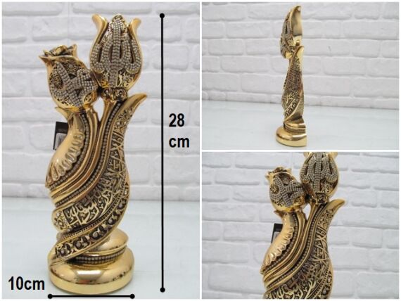 sd36153 gül lale dekorlu kelimei tevhid ve ALLAH MUHAMMED yazılı gold boyalı döküm polyester obje - 1