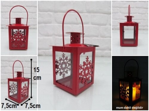 sd42139 kırmızı metal kar dekorlu camlı fener mumluk - 
