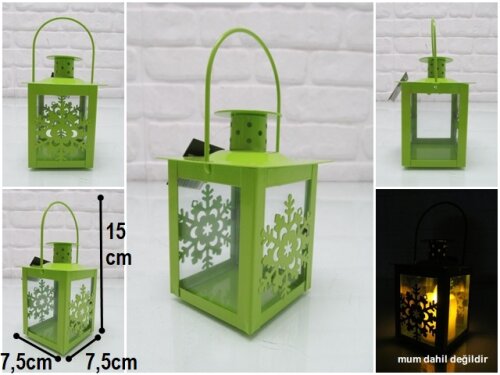 sd42140 yeşil metal kar dekorlu camlı fener mumluk - 