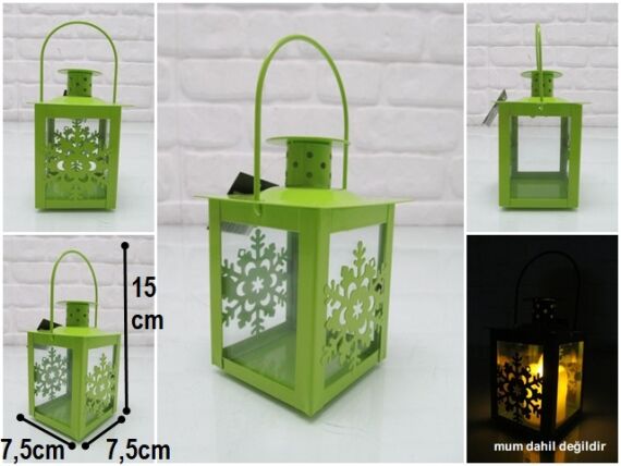 sd42140 yeşil metal kar dekorlu camlı fener mumluk - 1