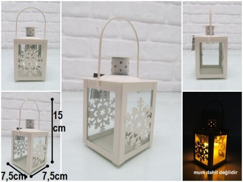 sd42141 krem metal kar dekorlu camlı fener mumluk - 