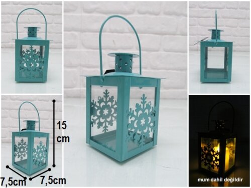 sd42142 mavi metal kar dekorlu camlı fener mumluk - 