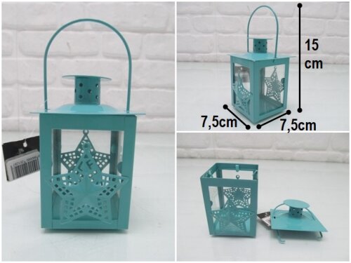 sd44264 mavi metal yıldız dekorlu camlı mumluk fener - 