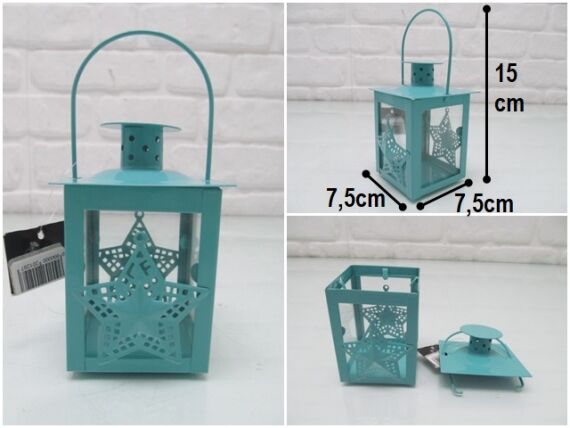 sd44264 mavi metal yıldız dekorlu camlı mumluk fener - 1