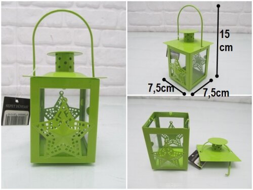 sd44266 yeşil metal yıldız dekorlu camlı mumluk fener - 