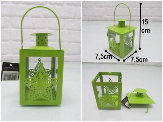 sd44266 yeşil metal yıldız dekorlu camlı mumluk fener - 1