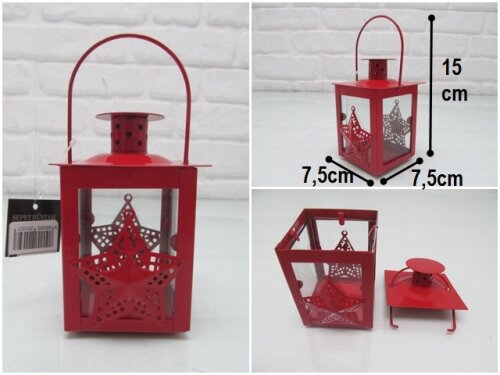 sd44267 kırmızı metal yıldız dekorlu camlı mumluk fener - 