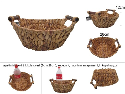 sd44590 dekoratif ahşap kulplu yuvarlak hasır sepet - 