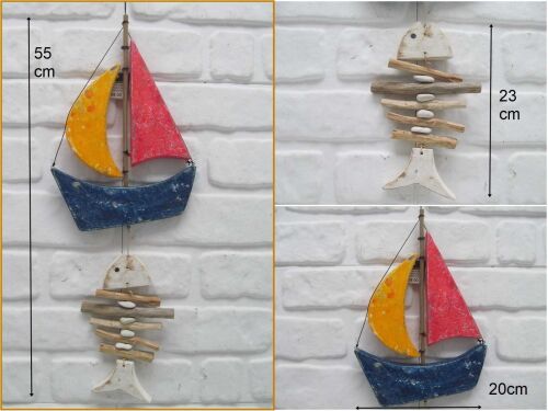 sd47157 eskitme ahşap kılçık balık dekorlu yelkenli sarkıt süs - 1