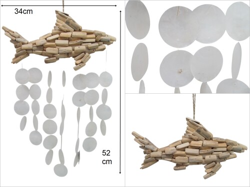 sd47941 ahşap köpekbalığı dekorlu sedef rüzgar çanı - 