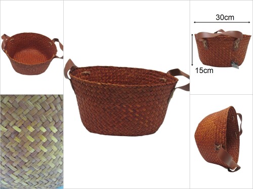 sd48112 suni deri kulplu renkli yuvarlak hasır sepet - 