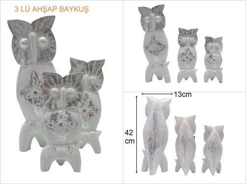 sd48298 dekoratif simli boyalı ahşap baykuş ailesi 3 lü set - 