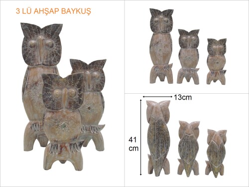 sd48299 dekoratif simli boyalı ahşap baykuş ailesi 3 lü set - 
