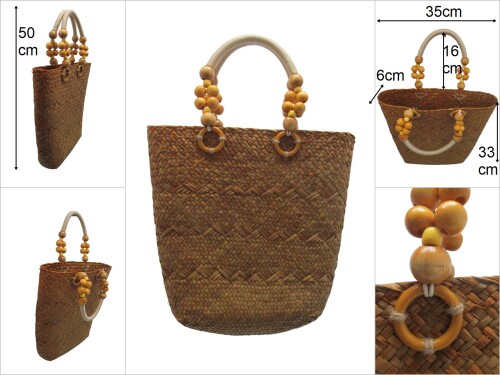 sd48431 ahşap boncuk kulplu hasır çanta - 