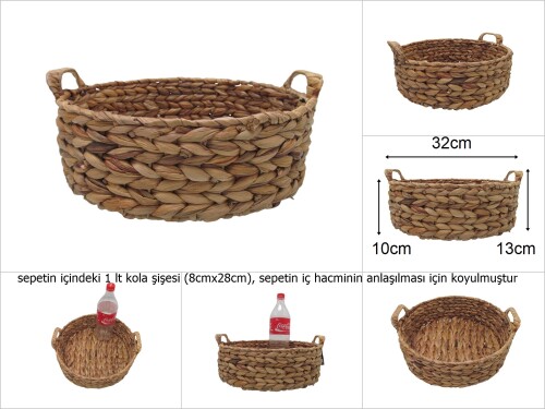 sd48919 dekoratif yuvarlak no3 kulplu derin hasır sepet tepsi - 
