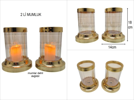 sd49318 dekoratif metal standlı 2li gold cam mumluk - 1