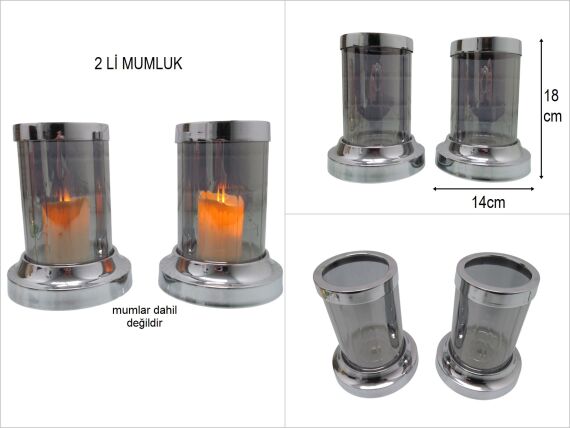 sd49319 dekoratif metal standlı 2li füme cam mumluk - 1