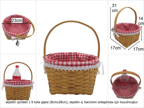sd49684 pötikare kumaşlı no1 üstten katlanan saplı yuvarlak ahşap yonga sepet - 