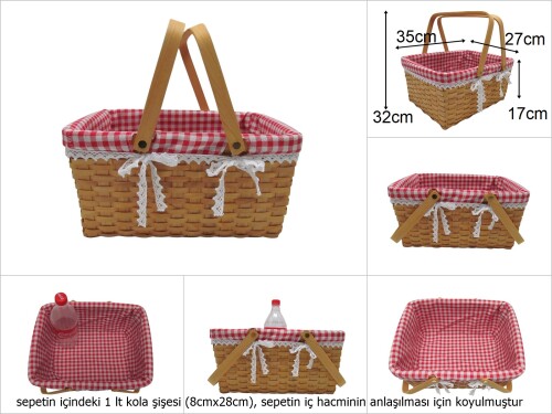 sd49687 pötikare kumaşlı no2 üstten katlanan saplı dikdörtgen ahşap yonga sepet - 