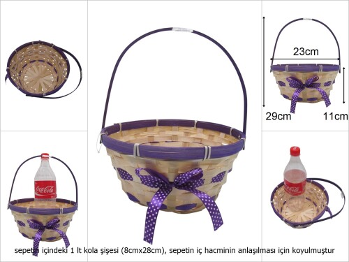 sd49732 yana yatan saplı mor kurdeleli yuvarlak bambu sepet - 