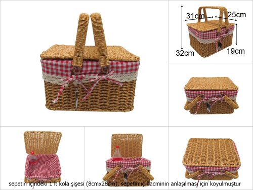 sd49793 metal iskelet üzerine pvc örme no1 pötikare kumaşlı sapları katlanan dikdörtgen piknik sepeti - 