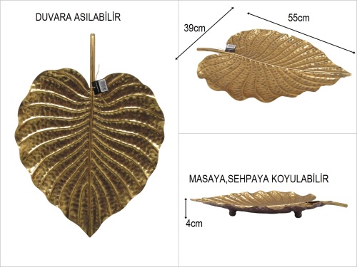 sd49866 eskitme gold boyalı no2 metal yaprak sehpa ve duvar dekoru - 
