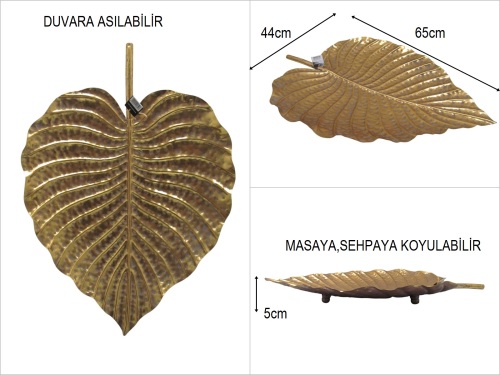sd49867 eskitme gold boyalı no3 metal yaprak sehpa ve duvar dekoru - 