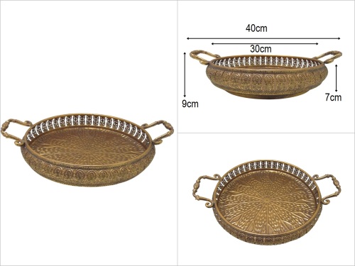 sd49868 eskitme gold boyalı no1 dekoratif kulplu metal yuvarlak tepsi - 