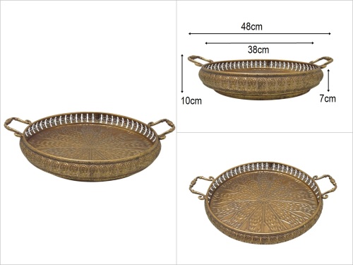 sd49869 eskitme gold boyalı no2 dekoratif kulplu metal yuvarlak tepsi - 