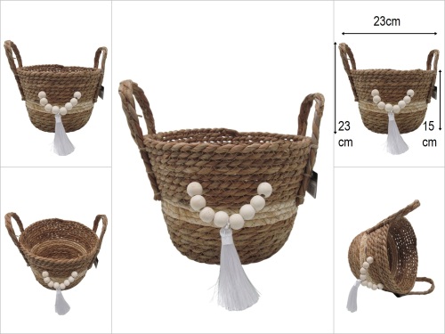 sd50146 ahşap boncuk dekorlu püsküllü no1 kulplu yuvarlak derin hasır sepet - 