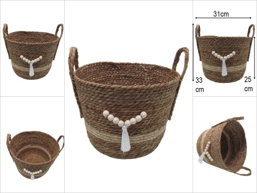 sd50148 ahşap boncuk dekorlu püsküllü no3 kulplu yuvarlak derin hasır sepet - 