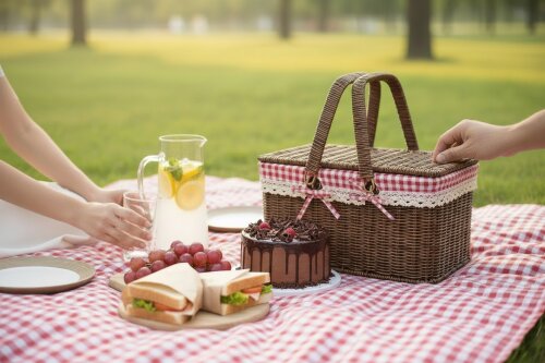 sd50227 METAL İSKELET ÜZERİNE PVC ÖRME NO2 PÖTİKARE KUMAŞLI SAPLARI KATLANAN DİKDÖRTGEN PİKNİK SEPETİ - (1)