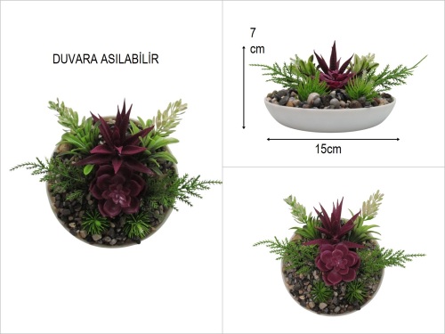 sd50613 taş dekorlu kırık beyaz plastik tabakta bordo skulent aranjman - 