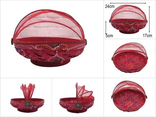 sd50748 dekoratif no1 otantik desenli tüllü kırmızı bambu sepet - 