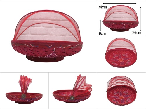 sd50750 dekoratif no3 otantik desenli tüllü kırmızı bambu sepet - 