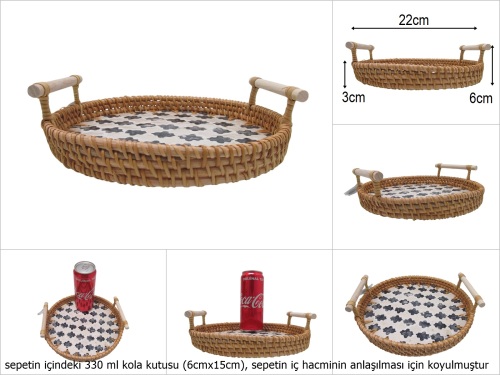 sd51000 rattan çerçeveli sedef tabanlı no1 ahşap kulplu desenli dekoratif tepsi - 
