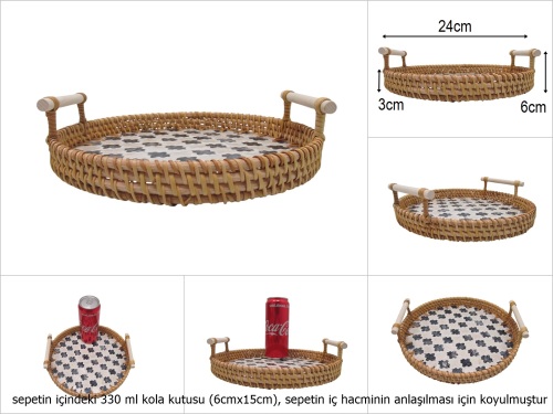 sd51001 rattan çerçeveli sedef tabanlı no2 ahşap kulplu desenli dekoratif tepsi - 