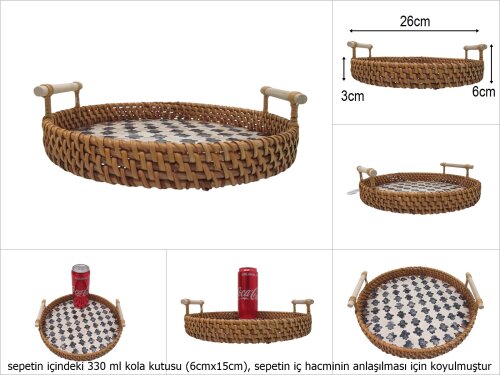 sd51002 rattan çerçeveli sedef tabanlı no3 ahşap kulplu desenli dekoratif tepsi - 
