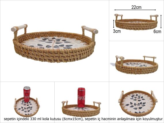 sd51003 rattan çerçeveli sedef tabanlı no1 ahşap kulplu desenli dekoratif tepsi - 1