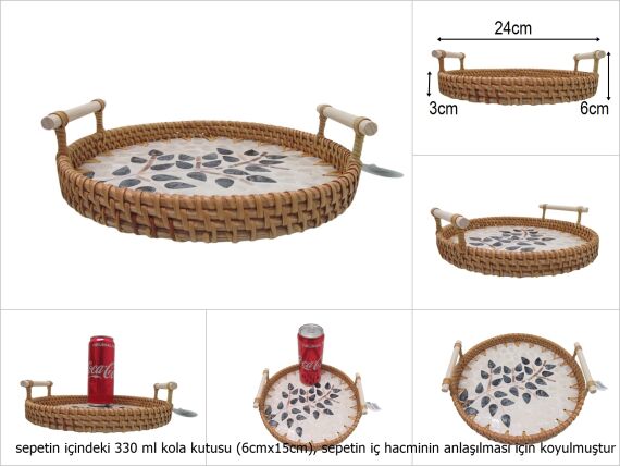 sd51004 rattan çerçeveli sedef tabanlı no2 ahşap kulplu desenli dekoratif tepsi - 1