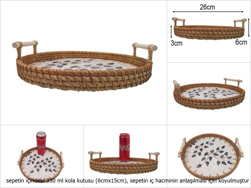 sd51005 rattan çerçeveli sedef tabanlı no3 ahşap kulplu desenli dekoratif tepsi - 